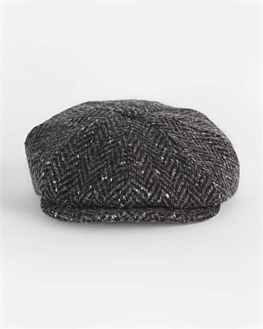 Black & Grey Heavyleight Herringbone Donegal Tweed Woollen Gatsby Cap