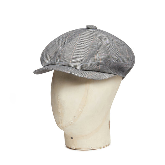 Grey With Black & Red Check Linen Gatsby Cap