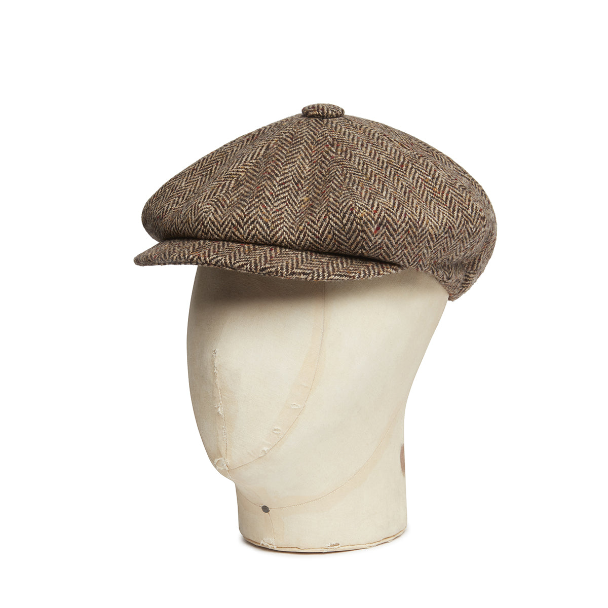 Brown & Cream Herringbone Tweed Wool Gatsby Cap