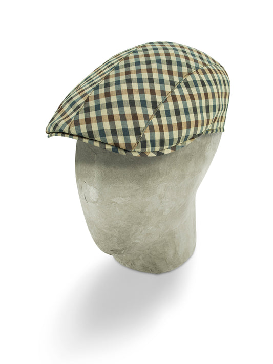 Beige With Navy & Brown Small Check Wool Roma Flat Cap