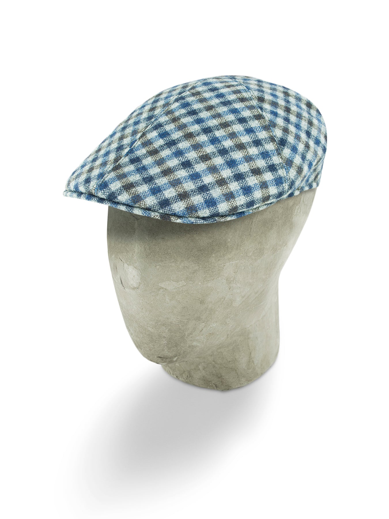 Blue With Navy, Brown & White Medium Check Twill Wool Roma Cap